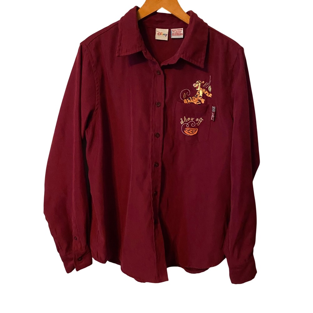 Disney Tigger "Show Off" Embroidered Button Down Shirt Women's Size M Burgundy